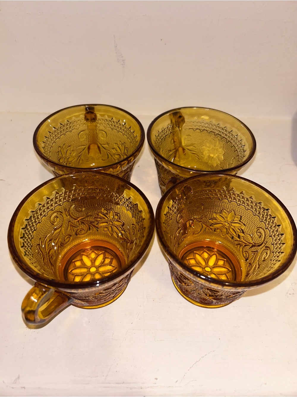Vintage Indiana Glass Tiara sandwich pattern Amber color tea cups (set of 4)